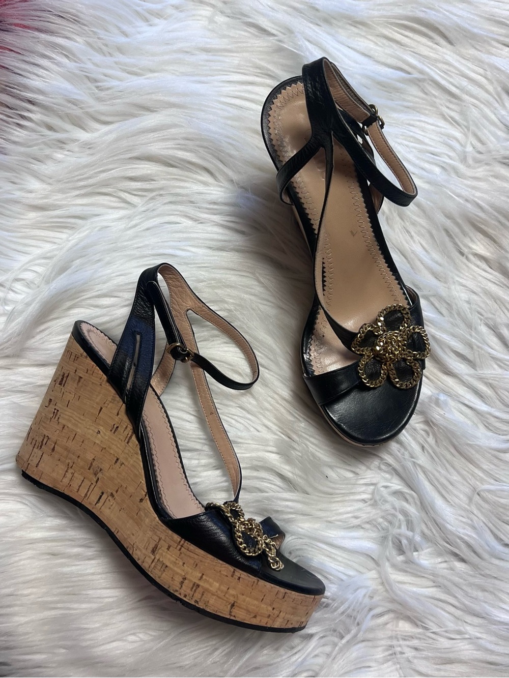 Chloe Black Leather Cork Wedge Sandals with Gold Floral Accent